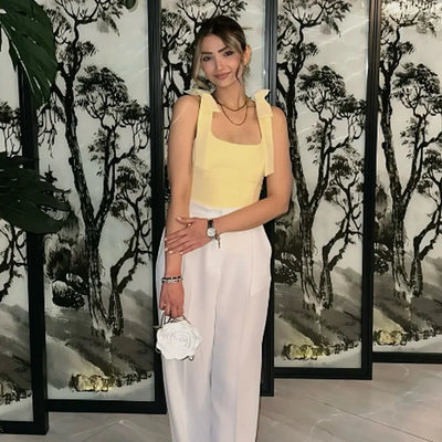 TRAF Yellow Crop Top Women Summer Sleeveelss Butterfly Top Woman Cuteore Bow White Camisole Top Backless Women's Tanks Top 088