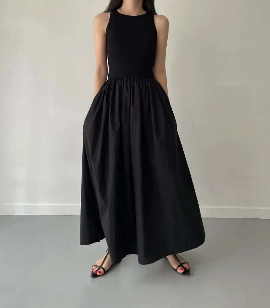 New Summer Female Fashion Style Dress Simple Elegant Black Long Dresses For Women Round Neck Sleeveless High Waist Temperament