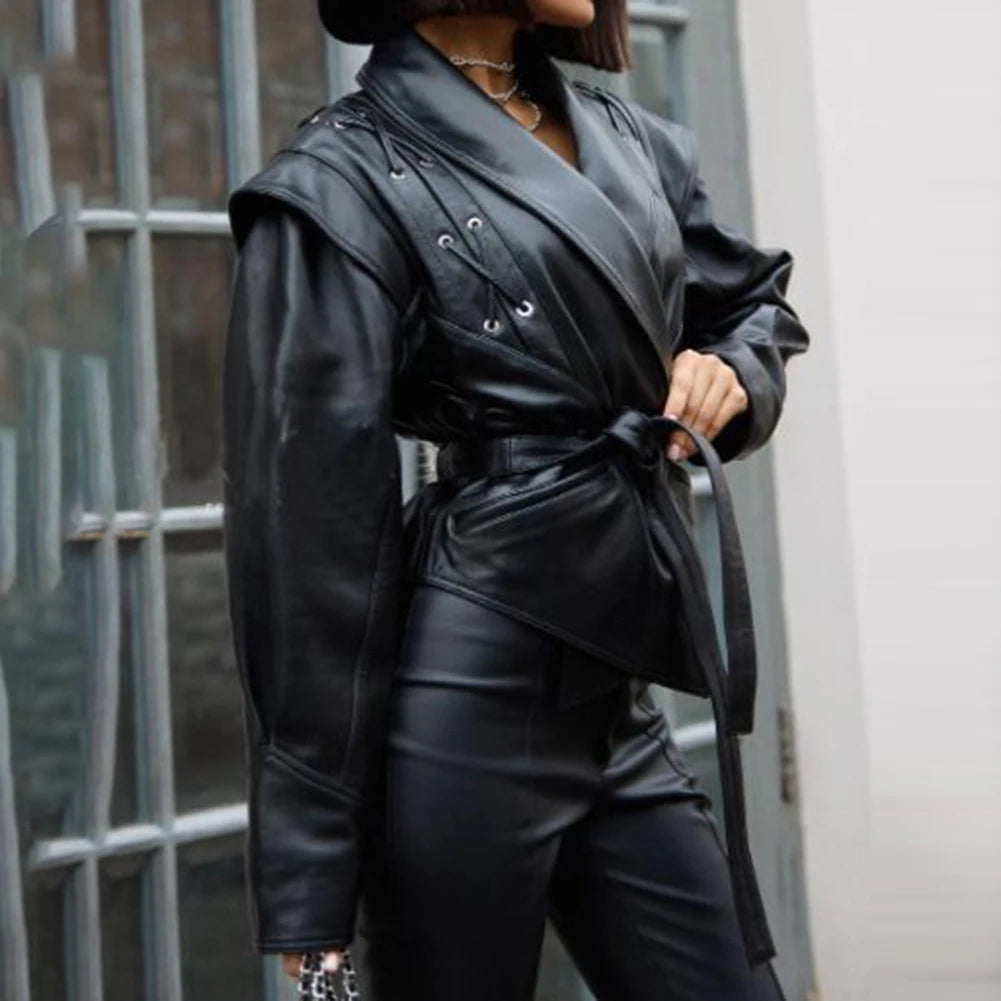 Casual Wear For Women Lapel Belt Jacket Autumn Motorcycle Coat Vacation Fashion Casual Belted Outerwear Outerwear