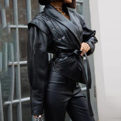 Casual Wear For Women Lapel Belt Jacket Autumn Motorcycle Coat Vacation Fashion Casual Belted Outerwear Outerwear