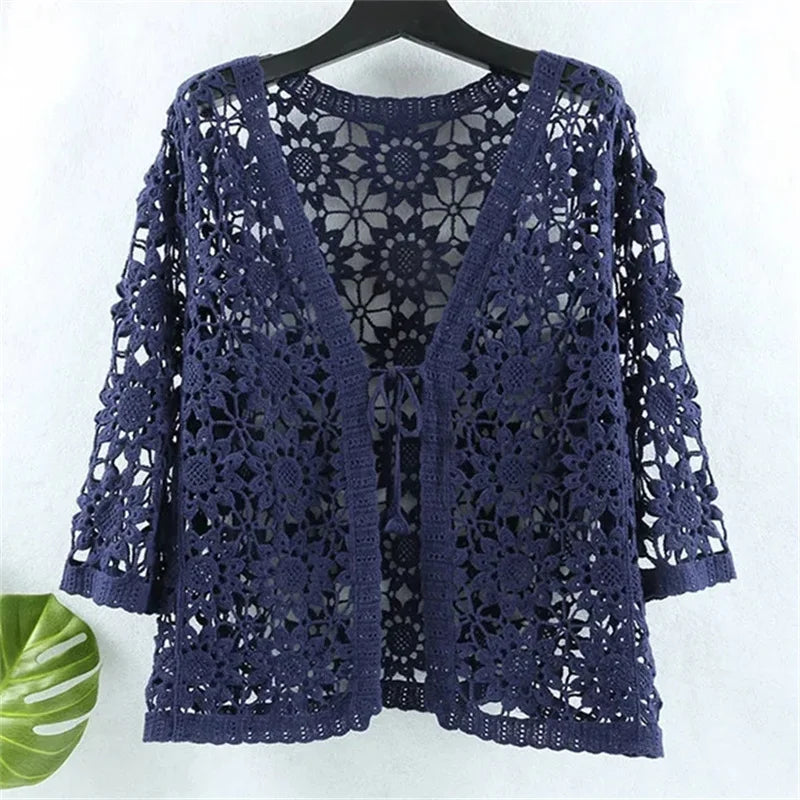 Outerwears Jackets Knitted Sunscreen Clothing Women's Summer  Loose Cardigan V-neck and Cropped Sleeve air Conditioning Shirt