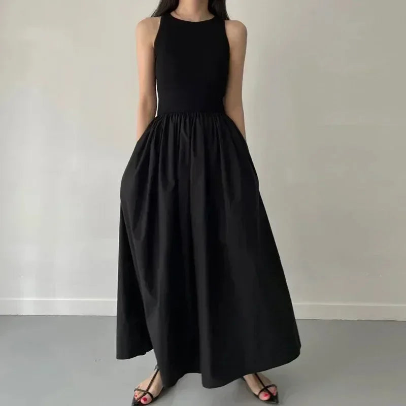 Summer Fashion Style Simple Elegant Black Long Dresses For Women Round Neck Sleeveless High Waist Temperament Female Dress New