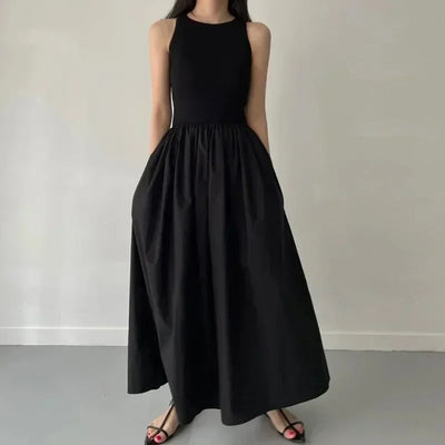 Summer Fashion Style Simple Elegant Black Long Dresses For Women Round Neck Sleeveless High Waist Temperament Female Dress New
