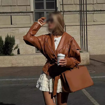 Casual Wear For Women Lapel Belt Jacket Autumn Motorcycle Coat Vacation Fashion Casual Belted Outerwear Outerwear