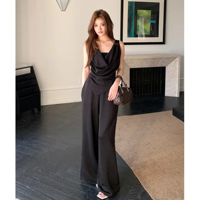 Casual Suit Women's Spring/Summer Swing Collar Camisole Top High Waist Wide Leg Long Pants Two-piece Set Fashion Female Clothes
