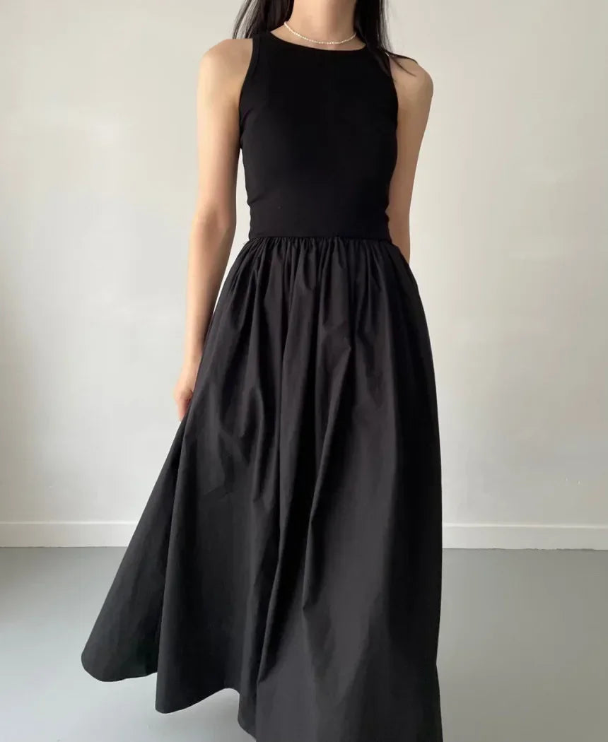 New Summer Female Fashion Style Dress Simple Elegant Black Long Dresses For Women Round Neck Sleeveless High Waist Temperament