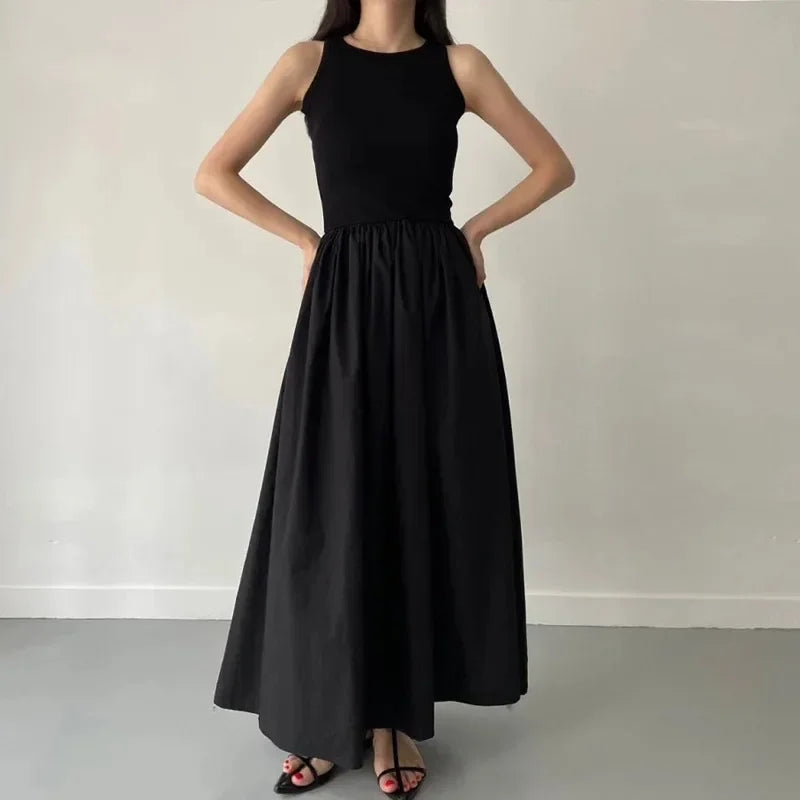 New Summer Female Fashion Style Dress Simple Elegant Black Long Dresses For Women Round Neck Sleeveless High Waist Temperament