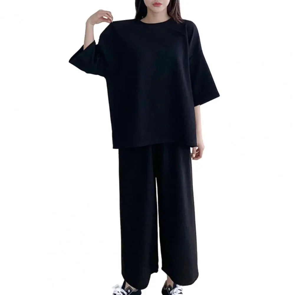 Cotton Linen Loungewear Women T-shirt Pants Set O-neck Half Sleeve High Waist Wide Leg Pants T-shirt Female Summer Outfit