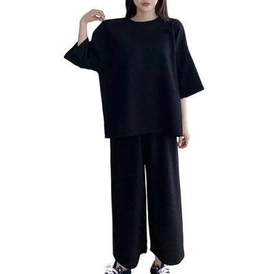 Cotton Linen Loungewear Women T-shirt Pants Set O-neck Half Sleeve High Waist Wide Leg Pants T-shirt Female Summer Outfit