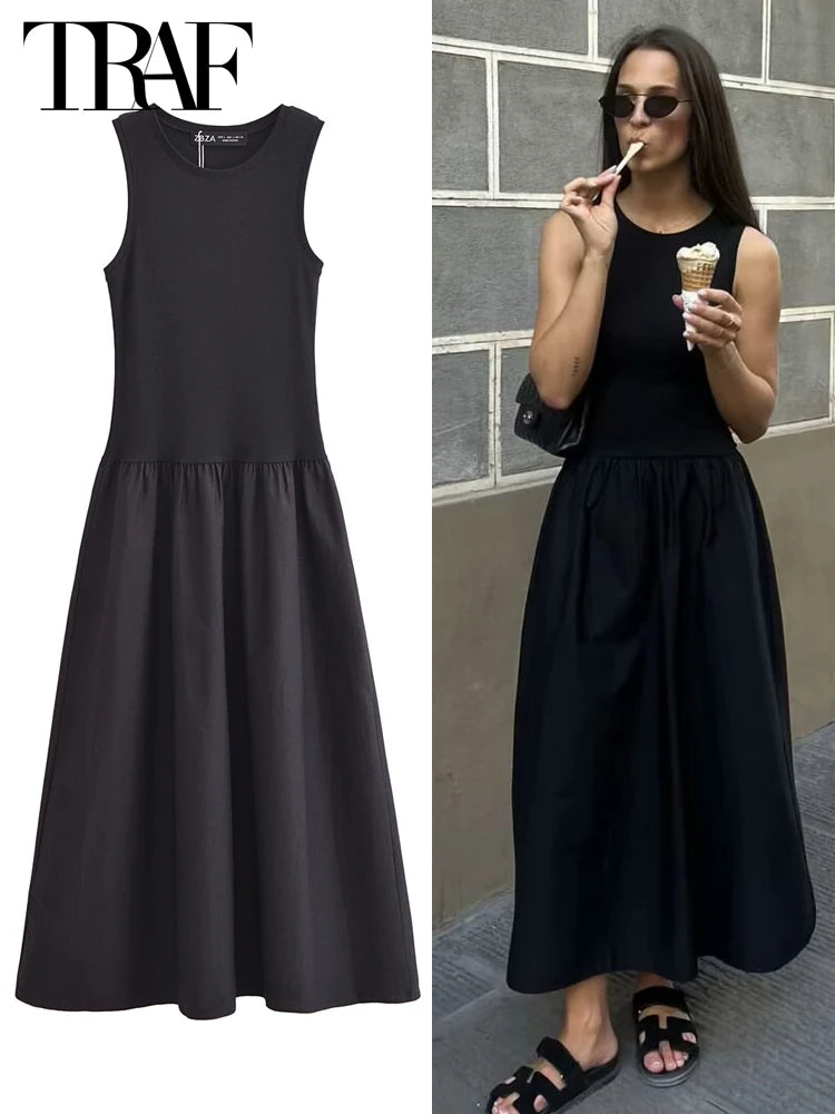 TRAF Women's Dress Knit Long Dresses Summer Female Black Khaki Maxi Sundress Patchwork O-Neck Sleeveless Vestidos Casual Dresses