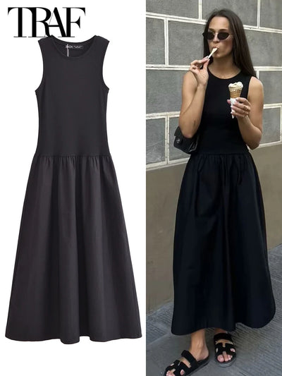 TRAF Women's Dress Knit Long Dresses Summer Female Black Khaki Maxi Sundress Patchwork O-Neck Sleeveless Vestidos Casual Dresses