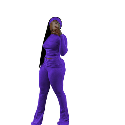 2 Two Piece Lounge Wear for Women 2024 Loungewear With Headband Yoga Outfit Long Sleeve Tops and Flare Pants Sets Tracksuit
