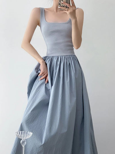 OCEANLOVE Knitted Patchwork Long Dresses A-line Spring Summer Solid Vestidos Mujer Korean Fashion Chic Simple Women Dress