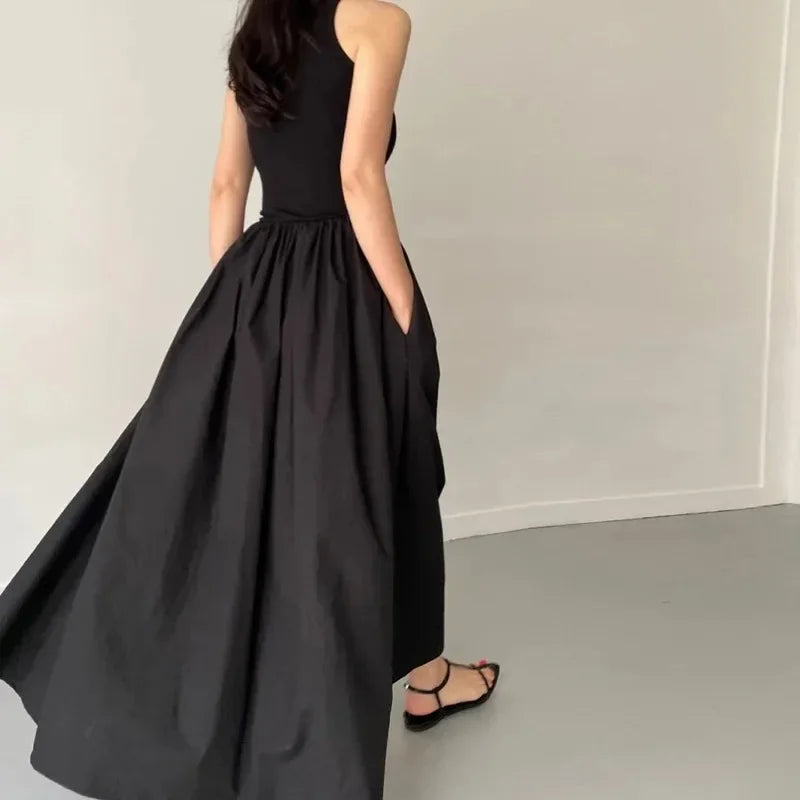 New Summer Female Fashion Style Dress Simple Elegant Black Long Dresses For Women Round Neck Sleeveless High Waist Temperament