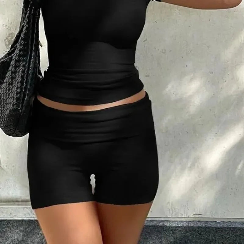 Casual Women's Workout Two Piece Short Sleeve High Waisted Flip Flared Pants Shorts Sweatshirt Streetwear
