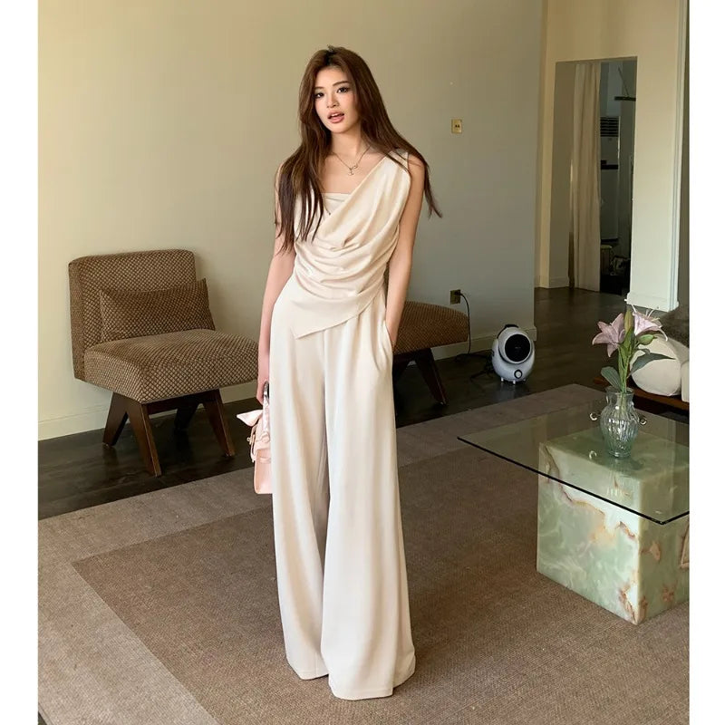 Casual Suit Women's Spring/Summer Swing Collar Camisole Top High Waist Wide Leg Long Pants Two-piece Set Fashion Female Clothes