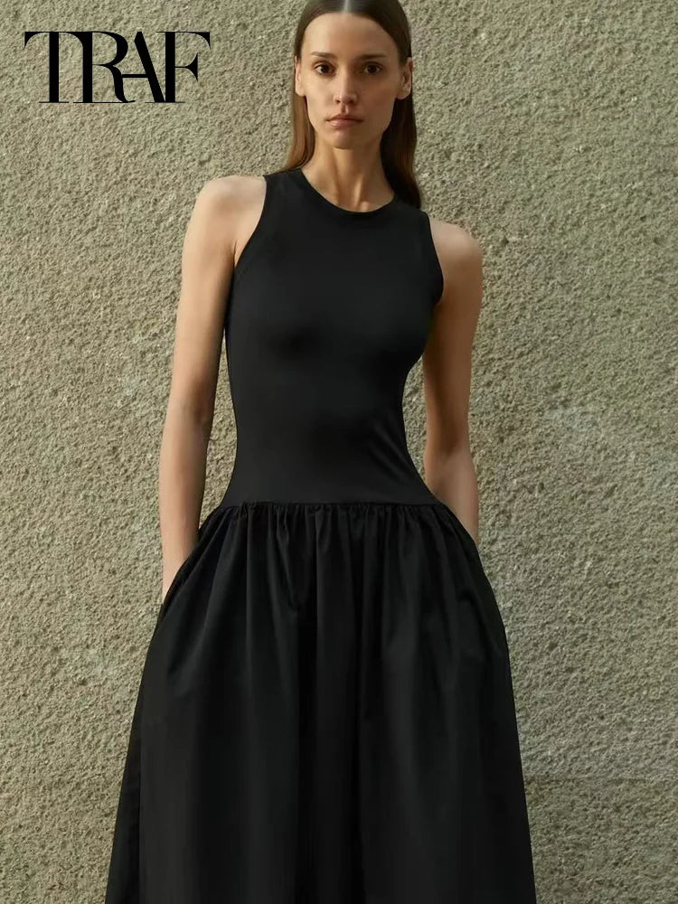 TRAF Women's Dress Knit Long Dresses Summer Female Black Khaki Maxi Sundress Patchwork O-Neck Sleeveless Vestidos Casual Dresses