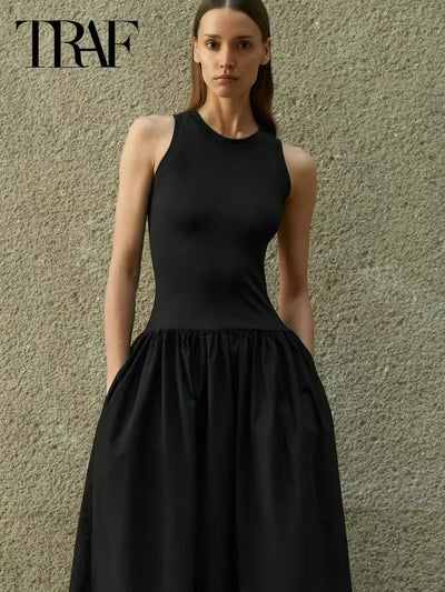 TRAF Women's Dress Knit Long Dresses Summer Female Black Khaki Maxi Sundress Patchwork O-Neck Sleeveless Vestidos Casual Dresses