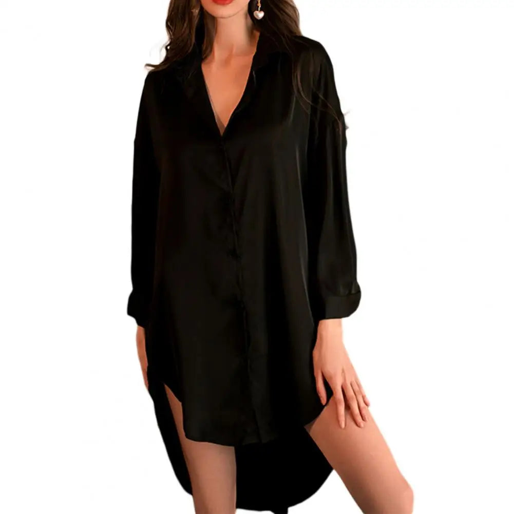 Lounge Women Pajama Shirt Homewear Satin Silky Long Sleeve Loose Solid Color Mid Length OL Style Lady Blouse Sleep