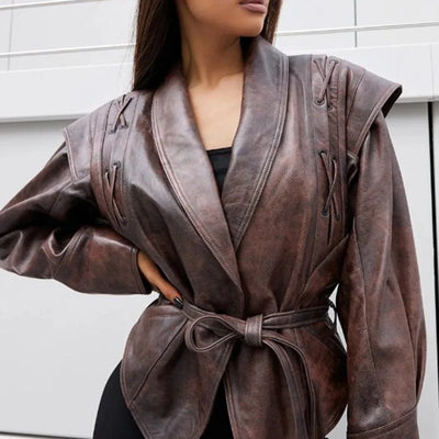 Casual Wear For Women Lapel Belt Jacket Autumn Motorcycle Coat Vacation Fashion Casual Belted Outerwear Outerwear