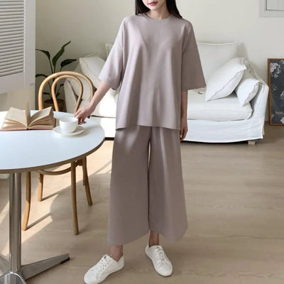 Cotton Linen Loungewear Women T-shirt Pants Set O-neck Half Sleeve High Waist Wide Leg Pants T-shirt Female Summer Outfit