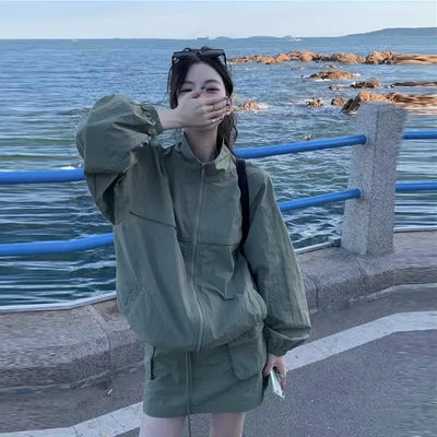 Casual Sportswear Suit Female 2024summer Thin Outerwear Sunscreen Clothes Jacket Short Skirt 2 Piece Sets Women Outfit Dress