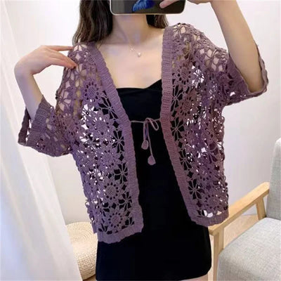 Outerwears Jackets Knitted Sunscreen Clothing Women's Summer  Loose Cardigan V-neck and Cropped Sleeve air Conditioning Shirt
