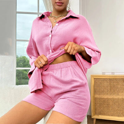 Women's Nightwear Cotton Lounge Pajama Set Long Sleeve Lapel Neck Top With Shorts Two Piece Sleepwear Summer Casual Loungewear
