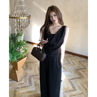 Casual Suit Women's Spring/Summer Swing Collar Camisole Top High Waist Wide Leg Long Pants Two-piece Set Fashion Female Clothes