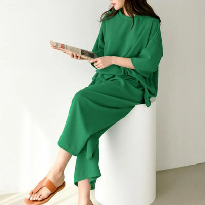 Cotton Linen Loungewear Women T-shirt Pants Set O-neck Half Sleeve High Waist Wide Leg Pants T-shirt Female Summer Outfit