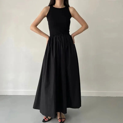 Summer Fashion Style Simple Elegant Black Long Dresses For Women Round Neck Sleeveless High Waist Temperament Female Dress New