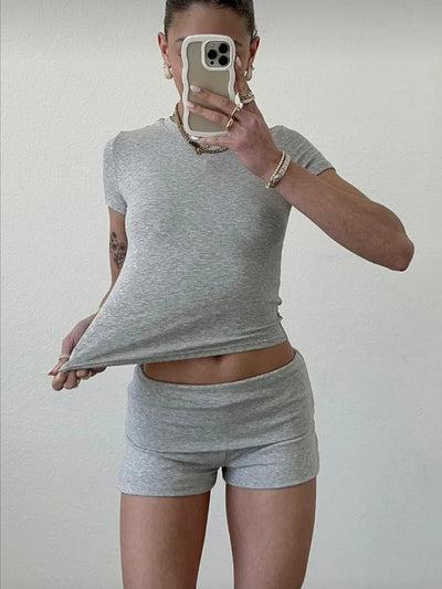 Casual Women's Workout Two Piece Short Sleeve High Waisted Flip Flared Pants Shorts Sweatshirt Streetwear