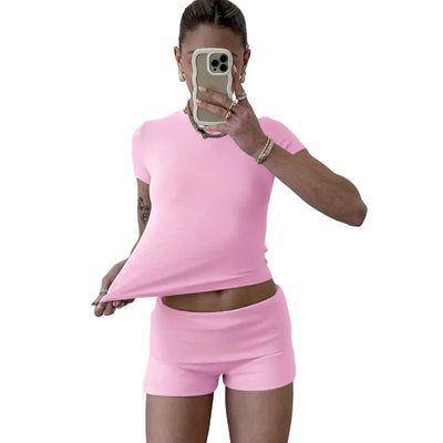 Casual Women's Workout Two Piece Short Sleeve High Waisted Flip Flared Pants Shorts Sweatshirt Streetwear