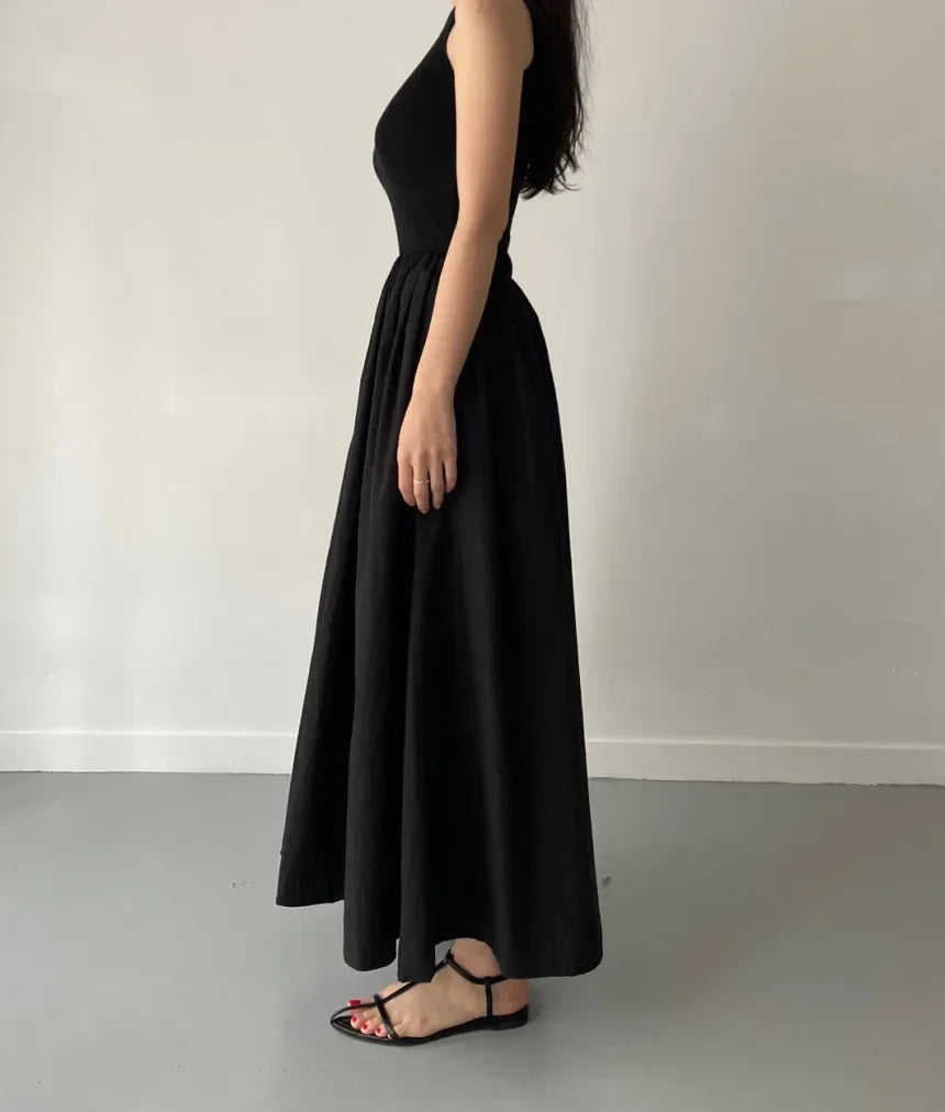 New Summer Female Fashion Style Dress Simple Elegant Black Long Dresses For Women Round Neck Sleeveless High Waist Temperament