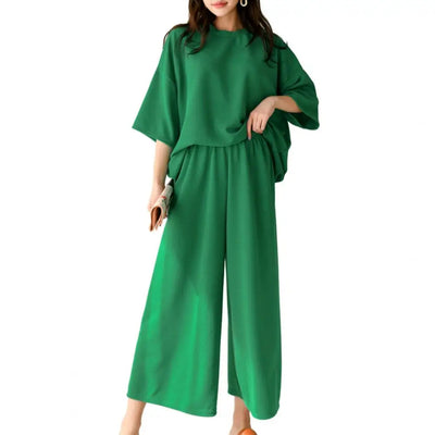 Cotton Linen Loungewear Women T-shirt Pants Set O-neck Half Sleeve High Waist Wide Leg Pants T-shirt Female Summer Outfit
