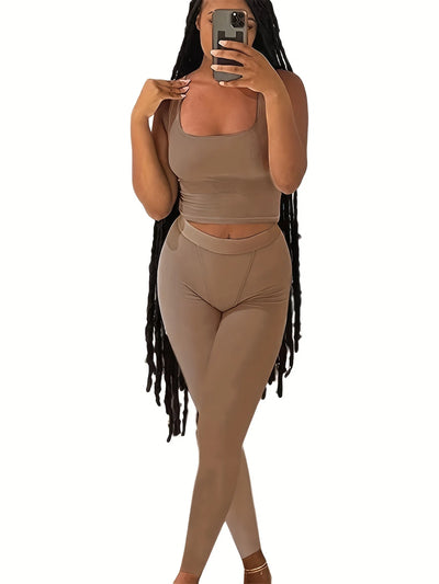 Casual Workout Short Sets 2 Piece Outfits for Women Ribbed Crop Tank Top High Waist Leggings activewear