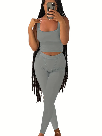 Casual Workout Short Sets 2 Piece Outfits for Women Ribbed Crop Tank Top High Waist Leggings activewear