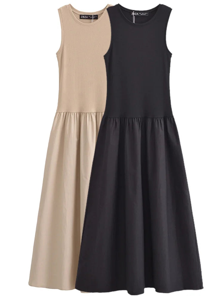 TRAF Women's Dress Knit Long Dresses Summer Female Black Khaki Maxi Sundress Patchwork O-Neck Sleeveless Vestidos Casual Dresses