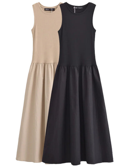 TRAF Women's Dress Knit Long Dresses Summer Female Black Khaki Maxi Sundress Patchwork O-Neck Sleeveless Vestidos Casual Dresses