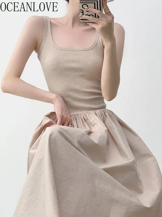 OCEANLOVE Knitted Patchwork Long Dresses A-line Spring Summer Solid Vestidos Mujer Korean Fashion Chic Simple Women Dress