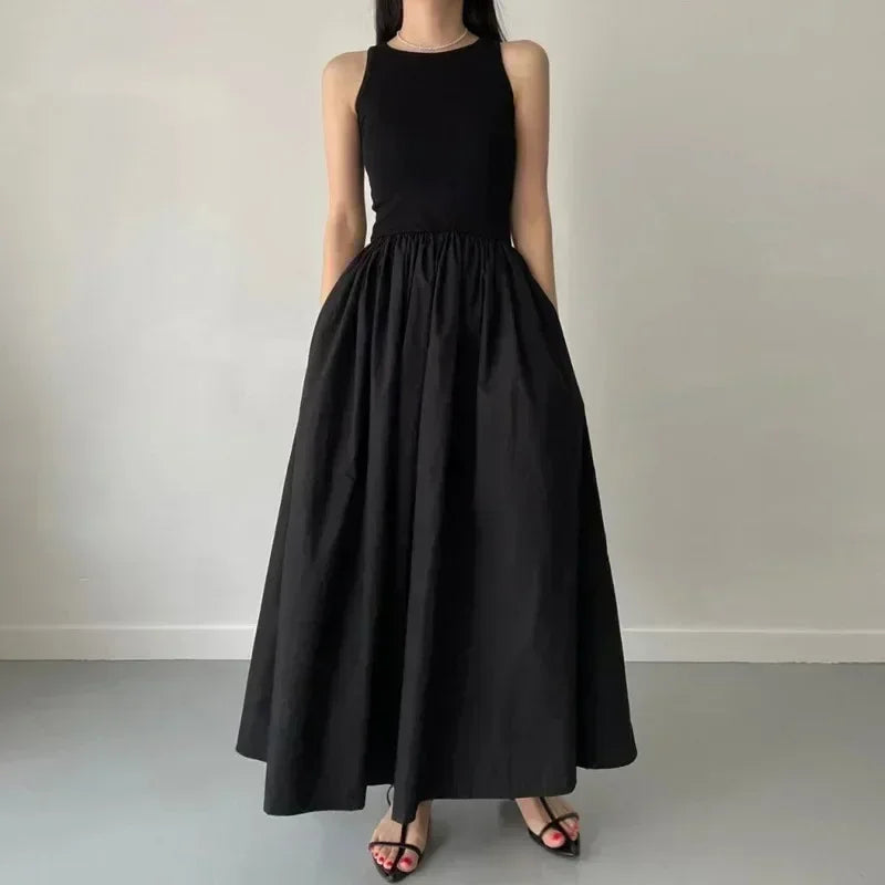 Summer Fashion Style Simple Elegant Black Long Dresses For Women Round Neck Sleeveless High Waist Temperament Female Dress New