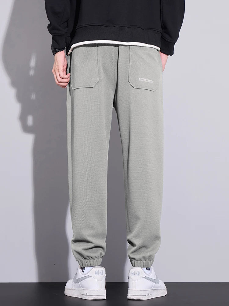 New Men's Waffle Casual Pants Elastic Waist Straight Harem Pants Comfortable Stretch Sweatpants Fashion Embroidery Male Trousers