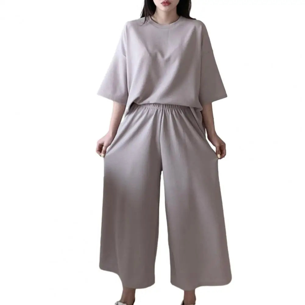 Cotton Linen Loungewear Women T-shirt Pants Set O-neck Half Sleeve High Waist Wide Leg Pants T-shirt Female Summer Outfit