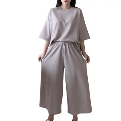 Cotton Linen Loungewear Women T-shirt Pants Set O-neck Half Sleeve High Waist Wide Leg Pants T-shirt Female Summer Outfit
