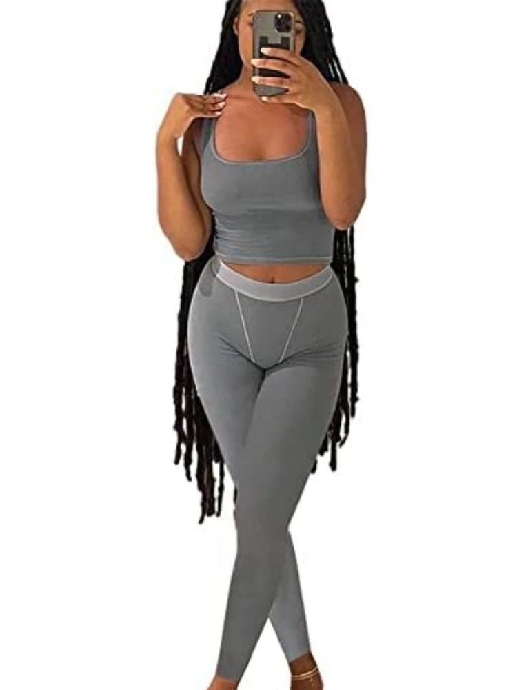 Casual Workout Short Sets 2 Piece Outfits for Women Ribbed Crop Tank Top High Waist Leggings activewear