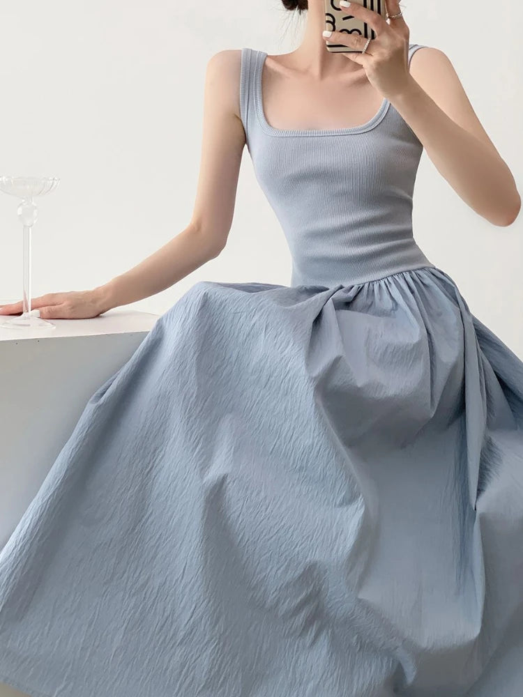 OCEANLOVE Knitted Patchwork Long Dresses A-line Spring Summer Solid Vestidos Mujer Korean Fashion Chic Simple Women Dress