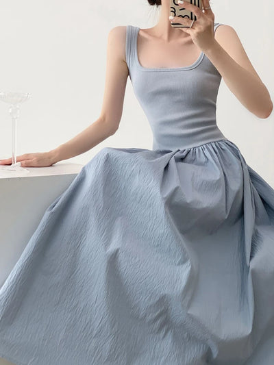 OCEANLOVE Knitted Patchwork Long Dresses A-line Spring Summer Solid Vestidos Mujer Korean Fashion Chic Simple Women Dress