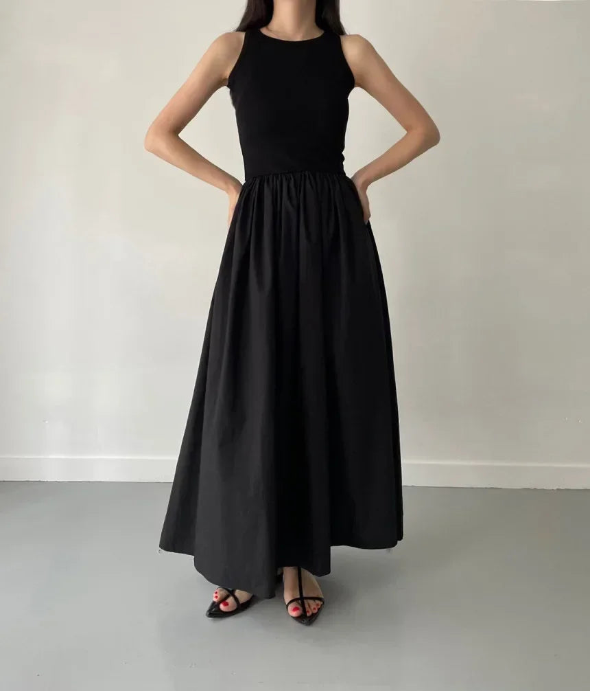 New Summer Female Fashion Style Dress Simple Elegant Black Long Dresses For Women Round Neck Sleeveless High Waist Temperament