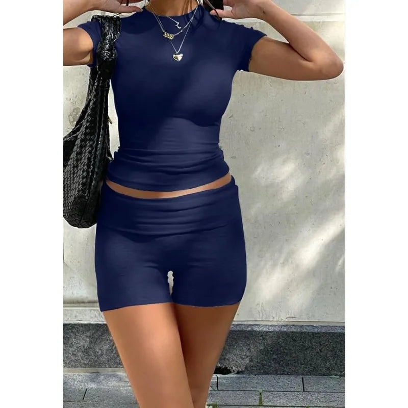 Casual Women's Workout Two Piece Short Sleeve High Waisted Flip Flared Pants Shorts Sweatshirt Streetwear