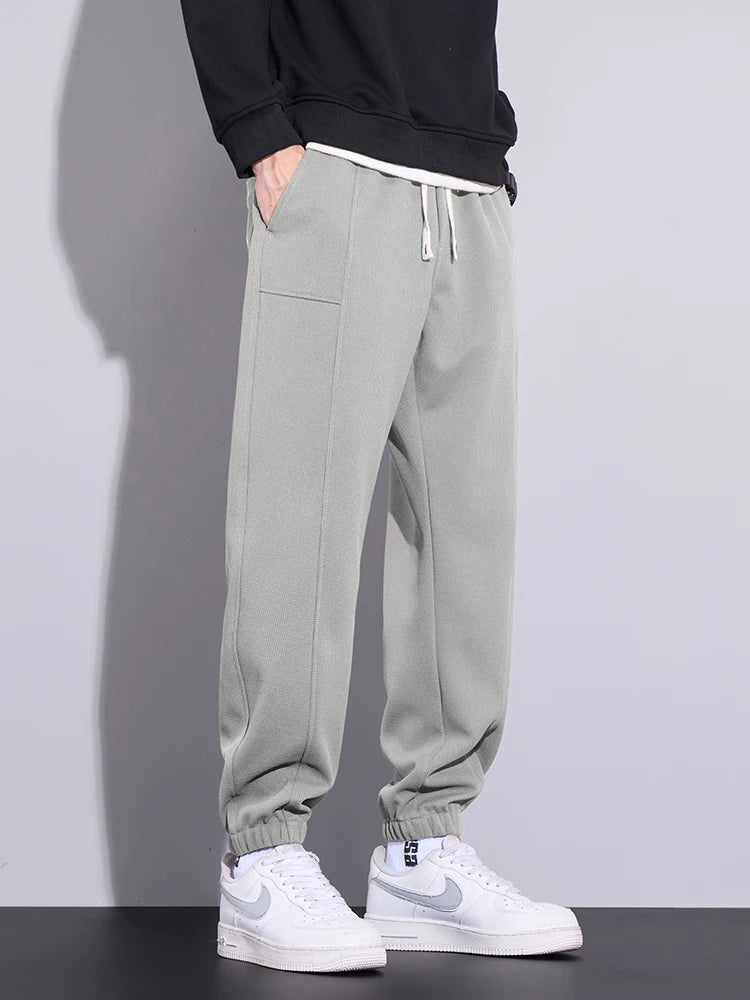 New Men's Waffle Casual Pants Elastic Waist Straight Harem Pants Comfortable Stretch Sweatpants Fashion Embroidery Male Trousers